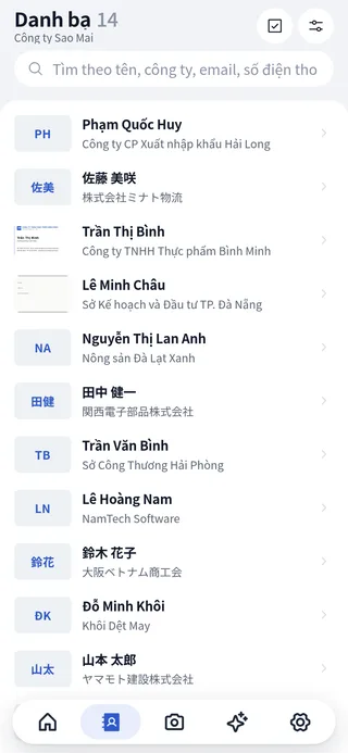 Danh bạ trên điện thoại: danh sách thẻ với ảnh, tên, công ty và bộ lọc