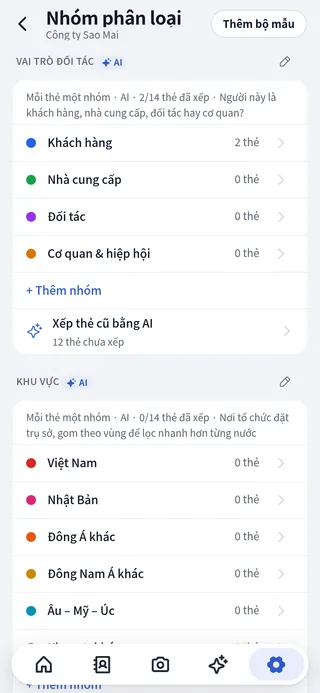 Màn hình nhóm phân loại: các bộ nhóm với số thẻ đã xếp