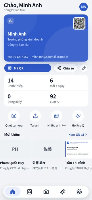 Màn hình chính trên điện thoại: danh thiếp của tôi với mã QR, số thẻ, lượt AI và các nút quét, tải ảnh