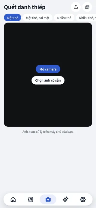 Màn hình quét: camera với khung danh thiếp và các chế độ một thẻ, hai mặt, nhiều thẻ