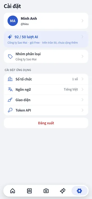 Màn hình cài đặt với thẻ hồ sơ, lượt AI, danh sách sổ tổ chức